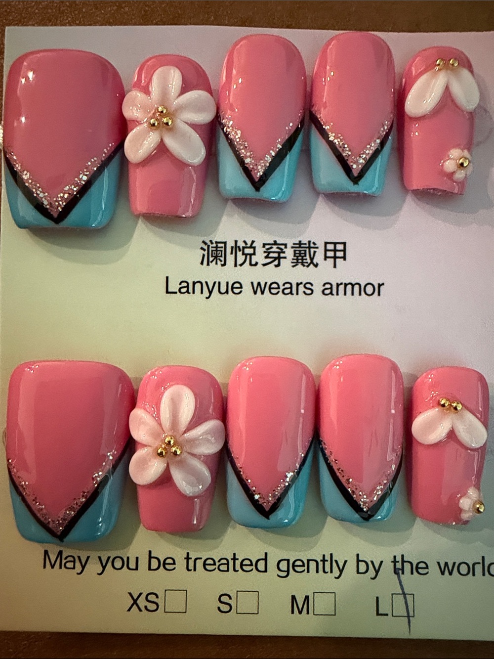Pink & blue 3D Floral handmade acrylic Press-On Nail Set